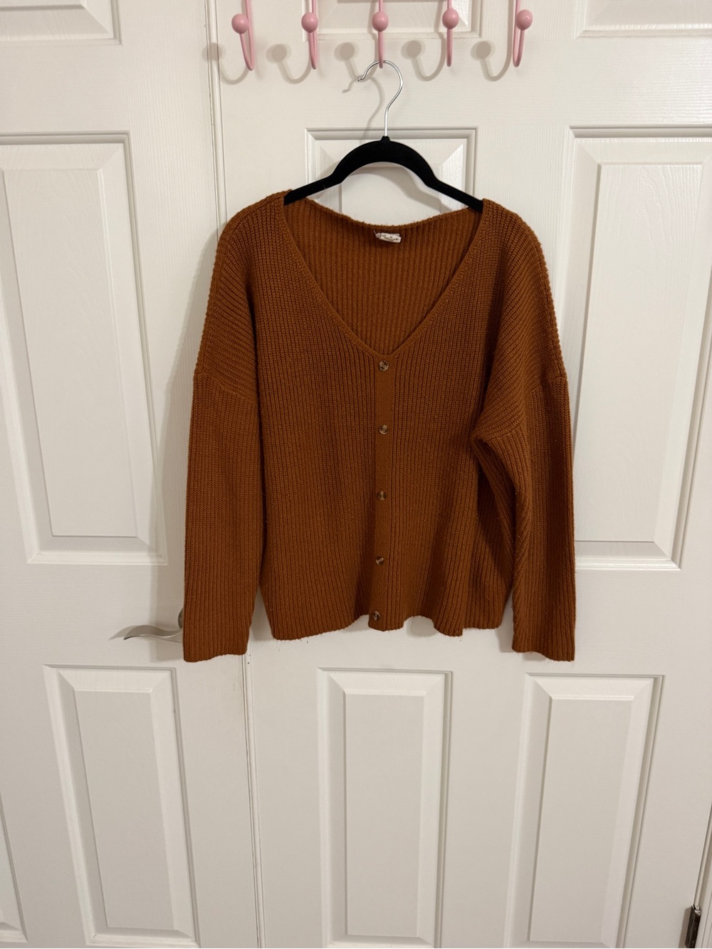 IJOAH M Rust Brown Cropped V Neck Button Front Knit Cardigan Sweater
